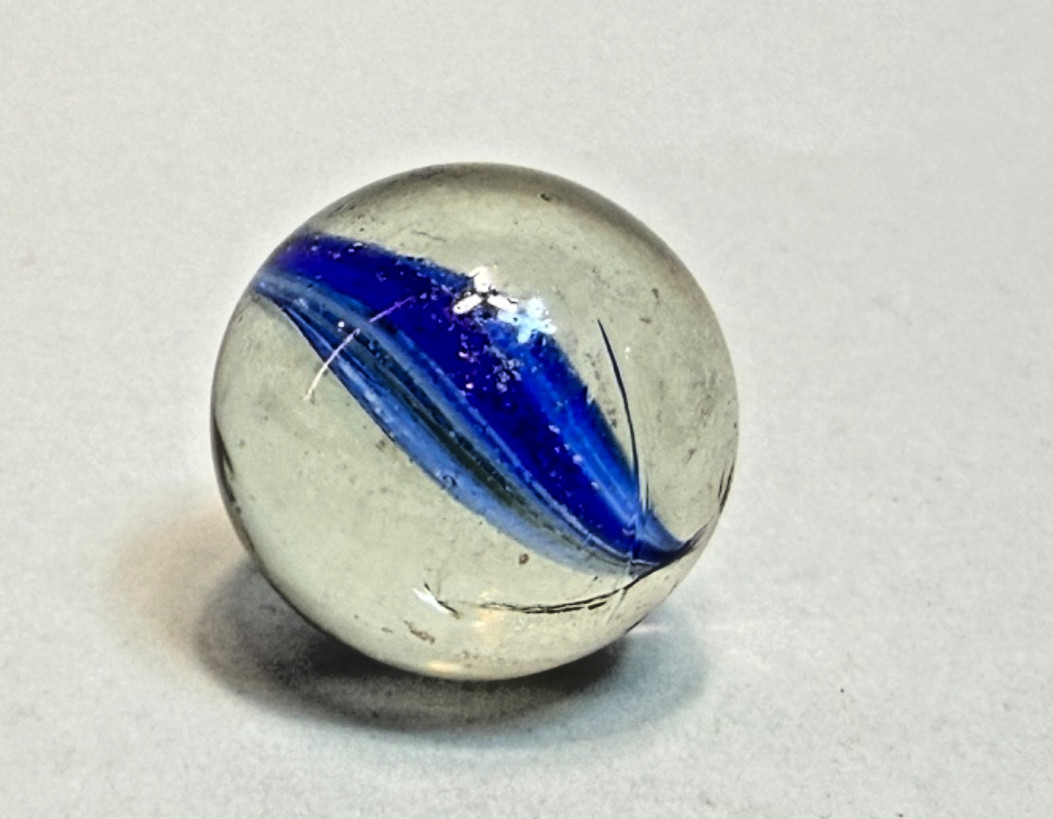 Antique German Blown Glass Marble Naked Single Ribbon Blue White Green 1”