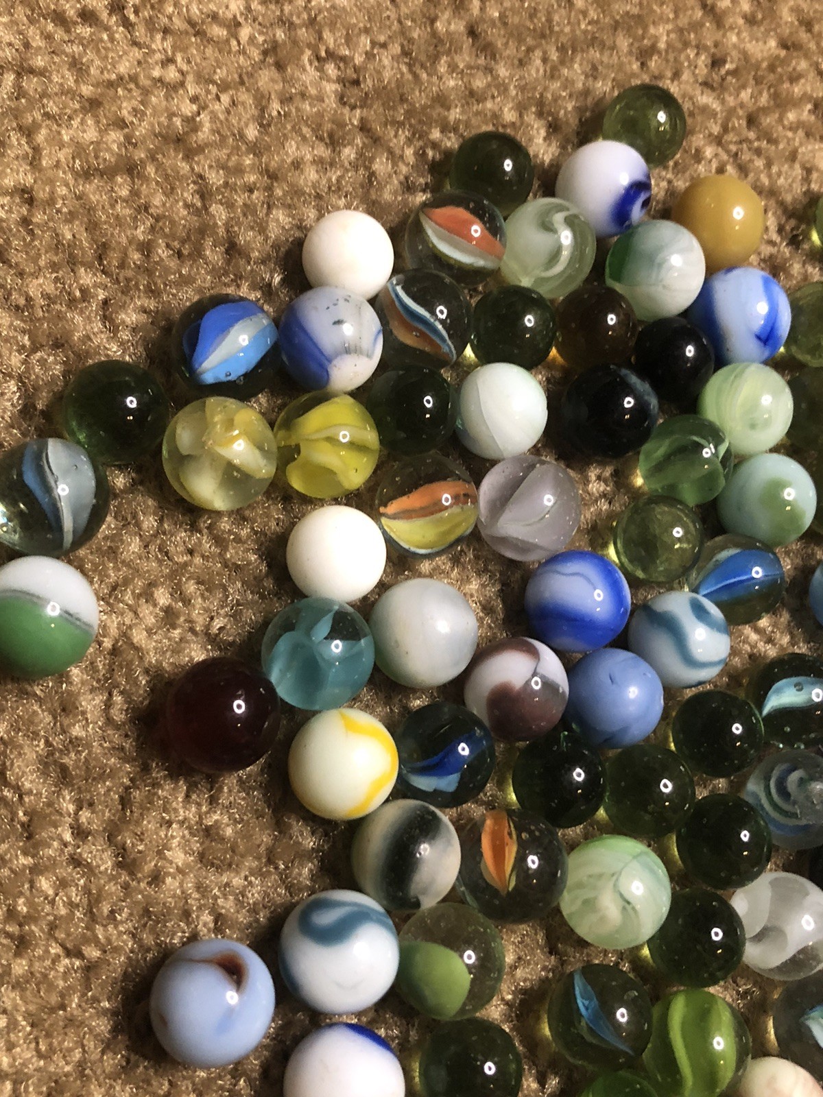 157 Vintage Marbles Some Are UV Glow, Cats Eye Shooter, Blue White Swirl Green