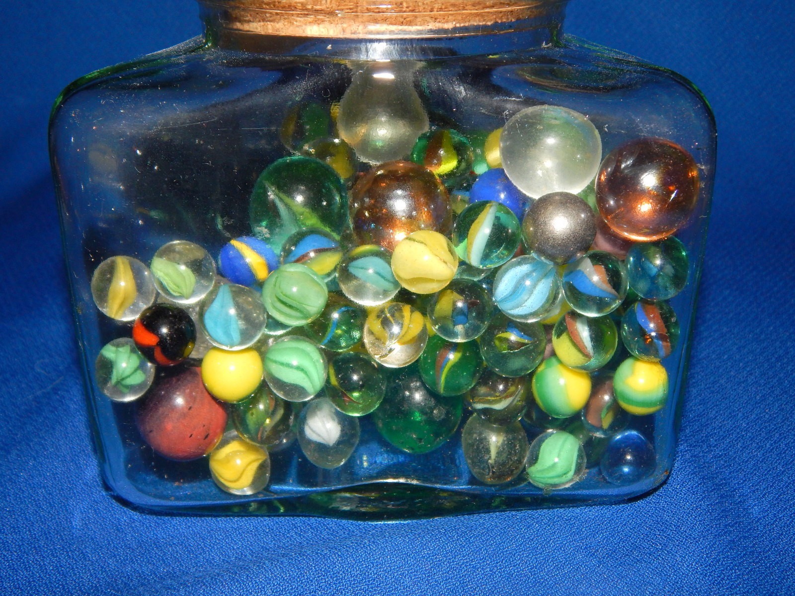 Vintage Triangular Glass Jar of Vintage Marbles w/ Shooters Cat Eyes MORE 4 lbs