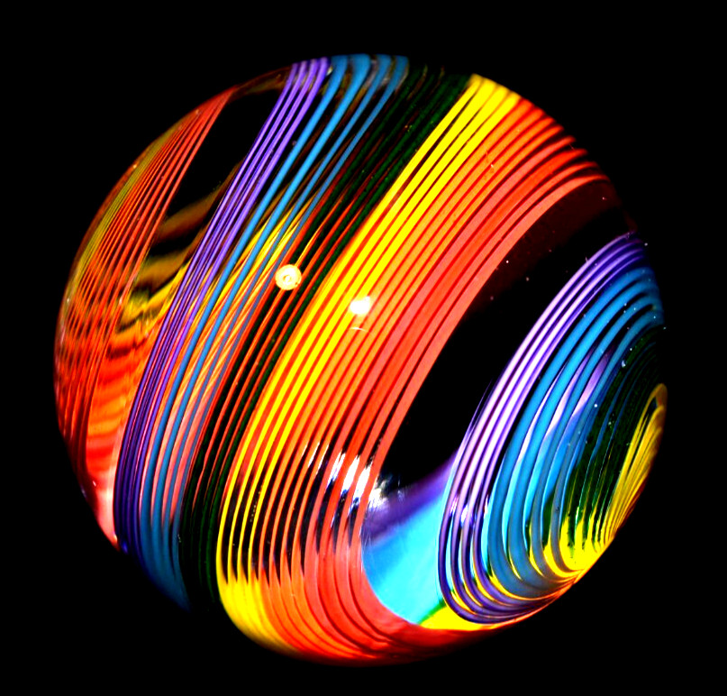 JOHN GIBBONS GLASS MARBLE/1.853″-GREEN LUTZ,RED,ORANGE,MAGENTA,YELLOW,TURQ+