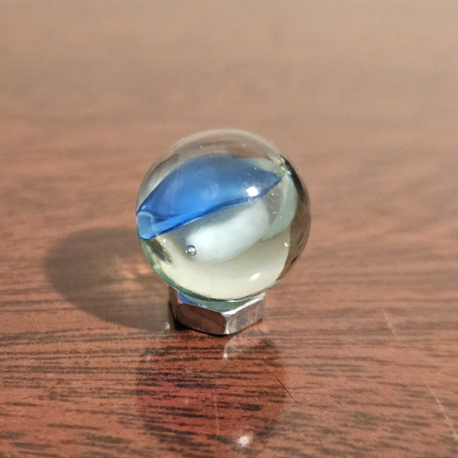 Vintage 6-Lobe Cats Eye Light Blue Dark Blue Pass-Thru White .593 Glass Marble