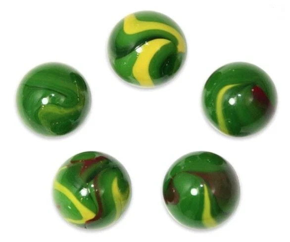 Pk of 5 – 16mm Dragon Glass Mega Marble Players Vacor Dark Green w Red & Yellow