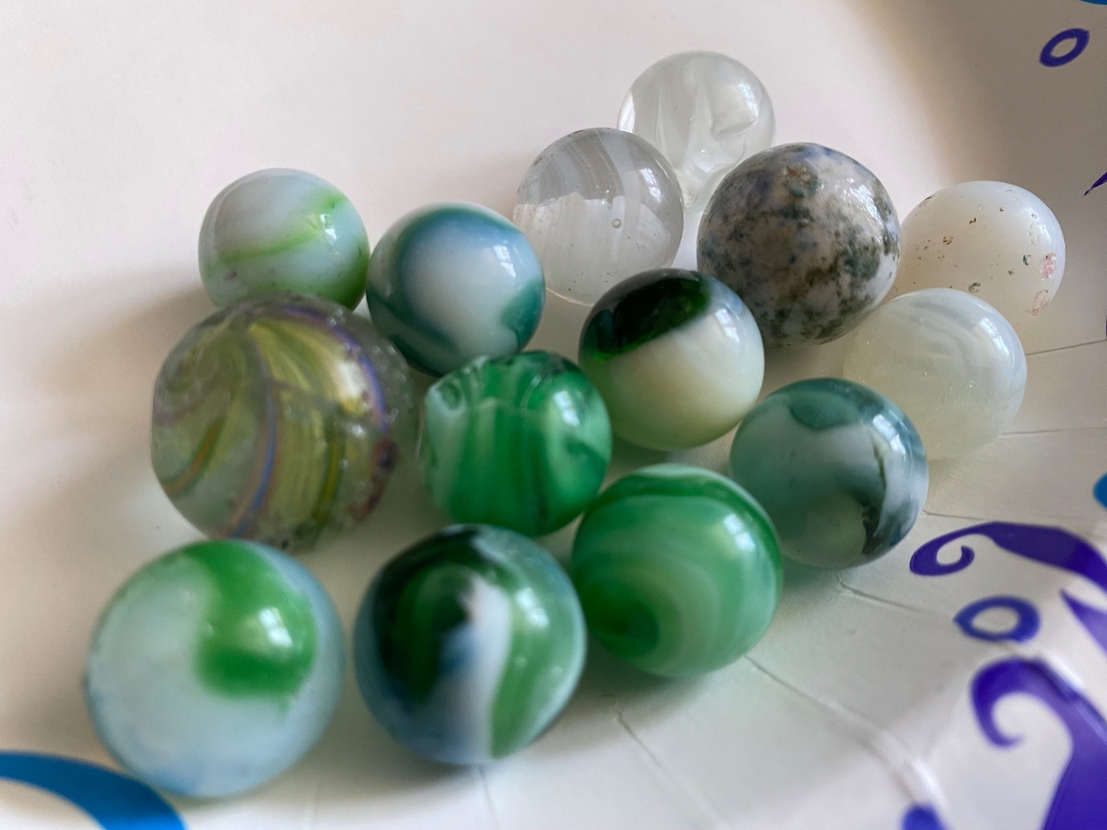 14 antique Marbles (Green Translucent) Corkscrew Clay Solid Ribbon Core Swirl