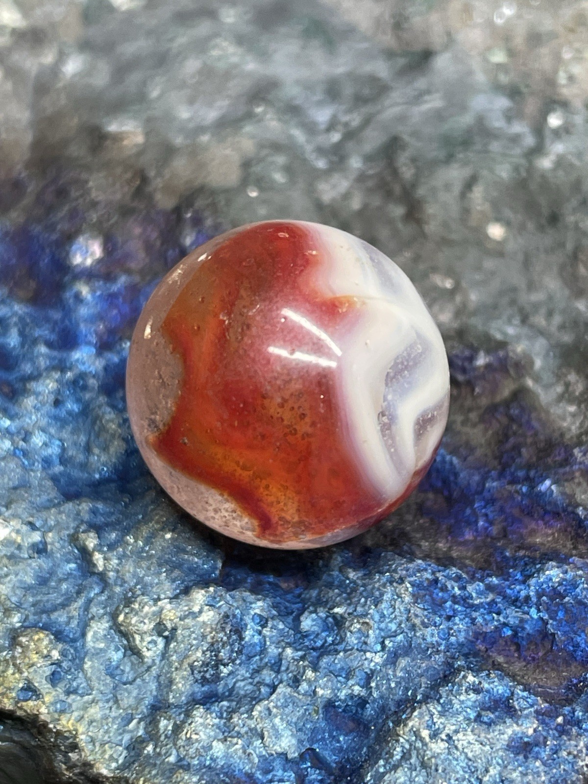 BEAUTIFUL Akro Agate Peltier Art Swirl NM Marble .63” Red-Orange Clear White