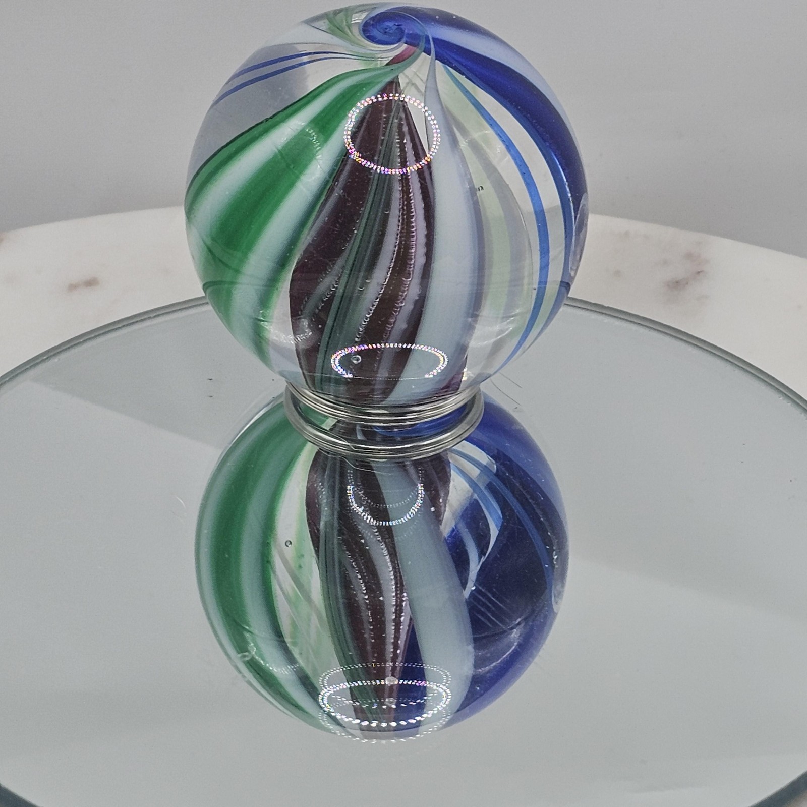 Hand Blown Art Glass Paperweight 47 mm Swirl Sphere Blue Green White Marble Orb