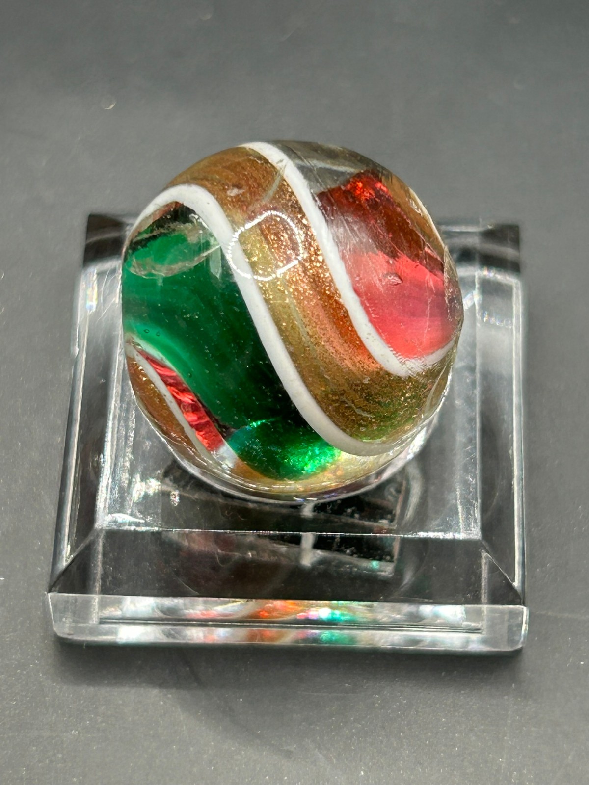 Antique German Cranberry Green Ribbon Core Lutz Marble 11/16″ Mint- E2.2