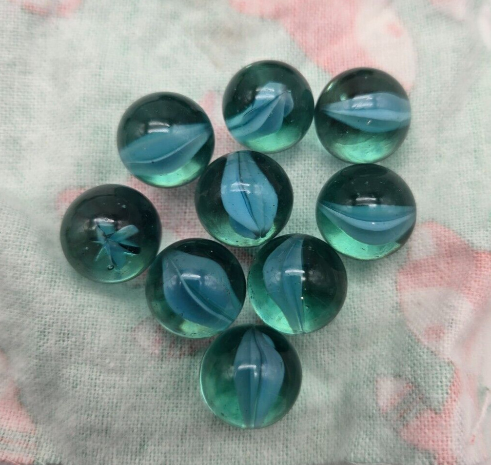 Vintage Light Blue Cat’s Eye Glass Marbles Lot of 9