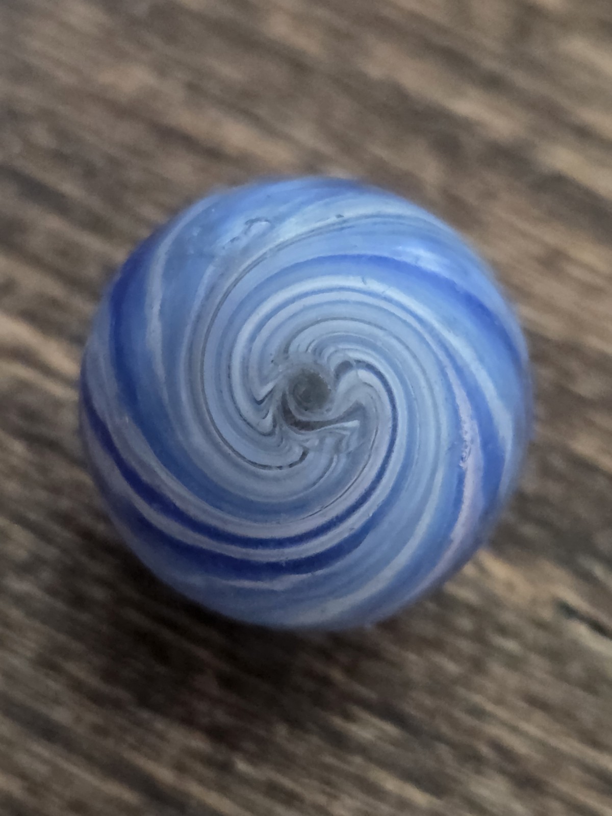 Vintage Handmade .82″ German Blue Onionskin Marble White Aysmmetric Pink Streak