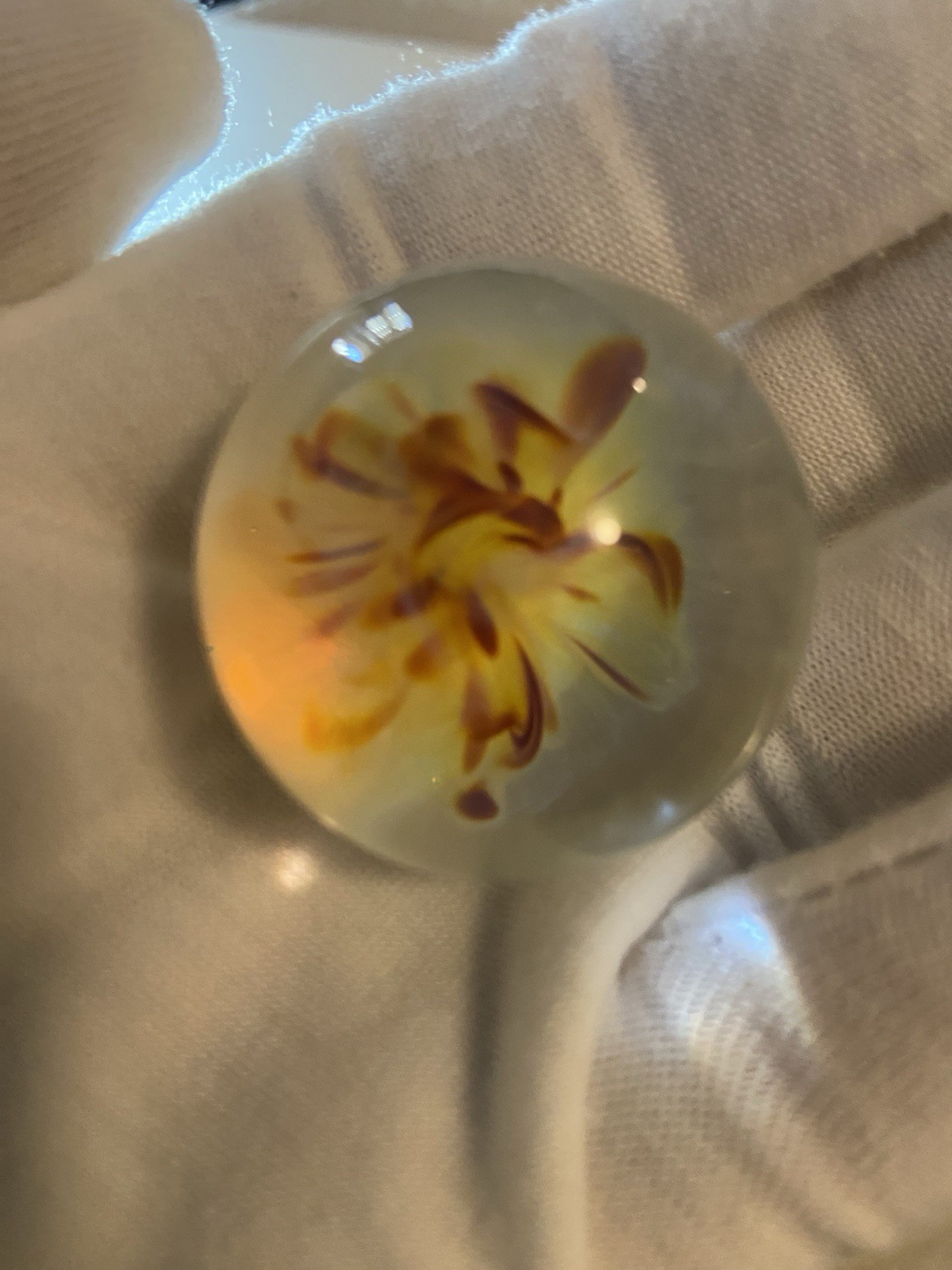 Handmade Art Glass Shooter Marble Sphere, Yellow Purple Swirl Flower Design