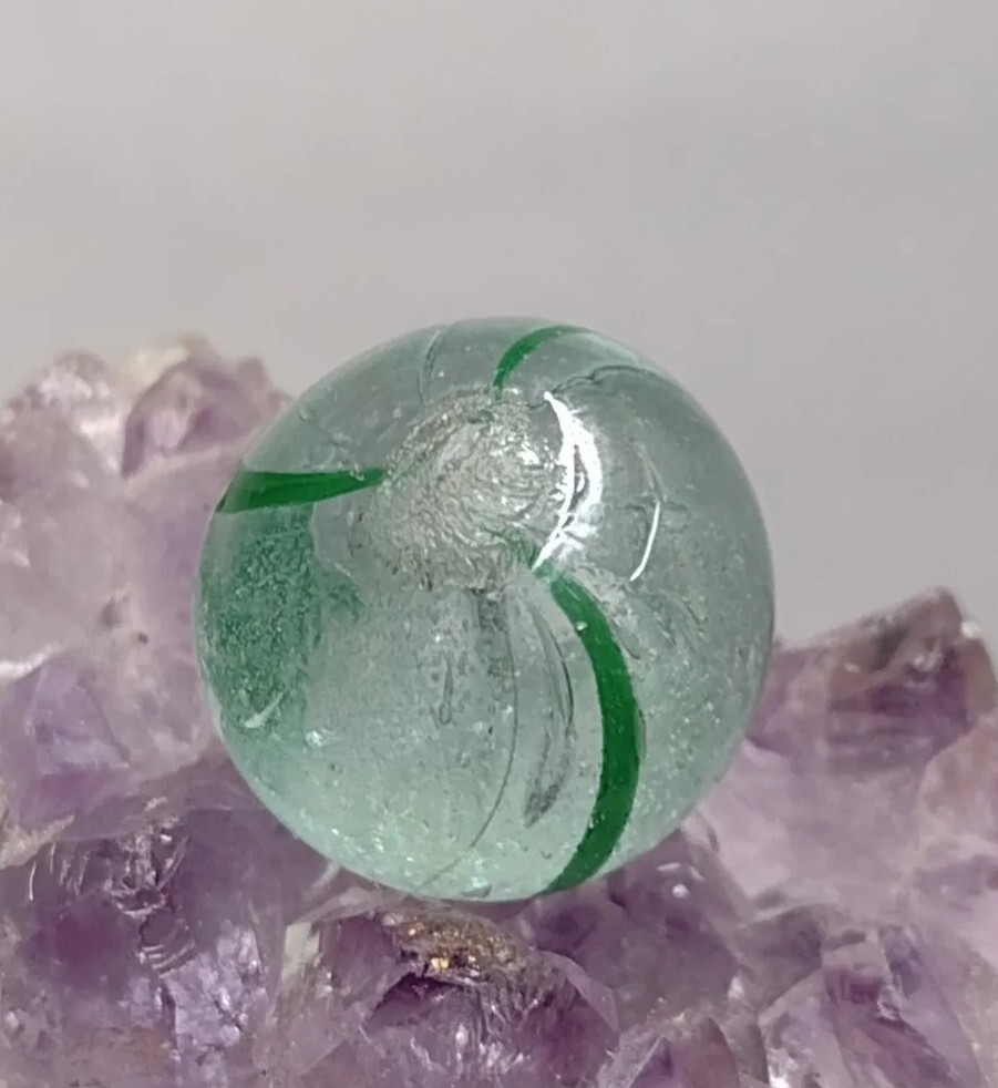 WOW Clear Base Green Banded Transparent EOD Swirl Antique German Marbles .60″ NM