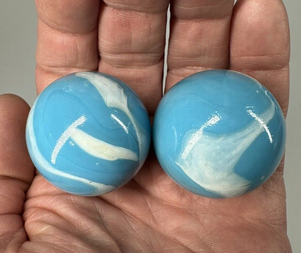 2 BOULDERS 35mm NEPTUNE Marbles Glass Blue/White LARGE HUGE Swirl