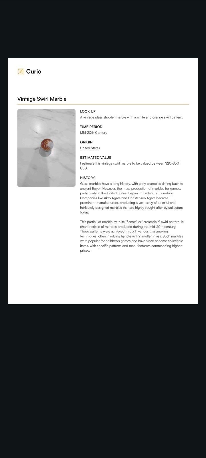 20mm Single Brown & White Swirl Glass Marble, Machine Made