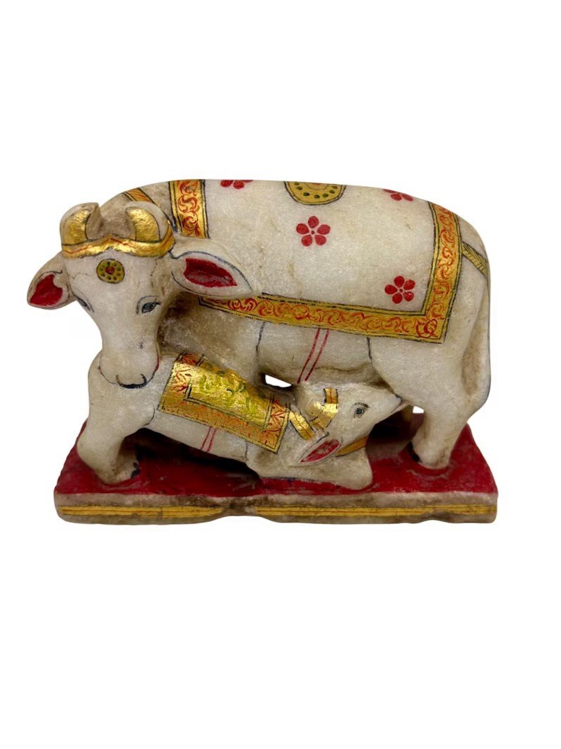 Vintage Marble Kamdhenu Cow Calf Statue, Meenakari Golf Leaf, Hand-painted