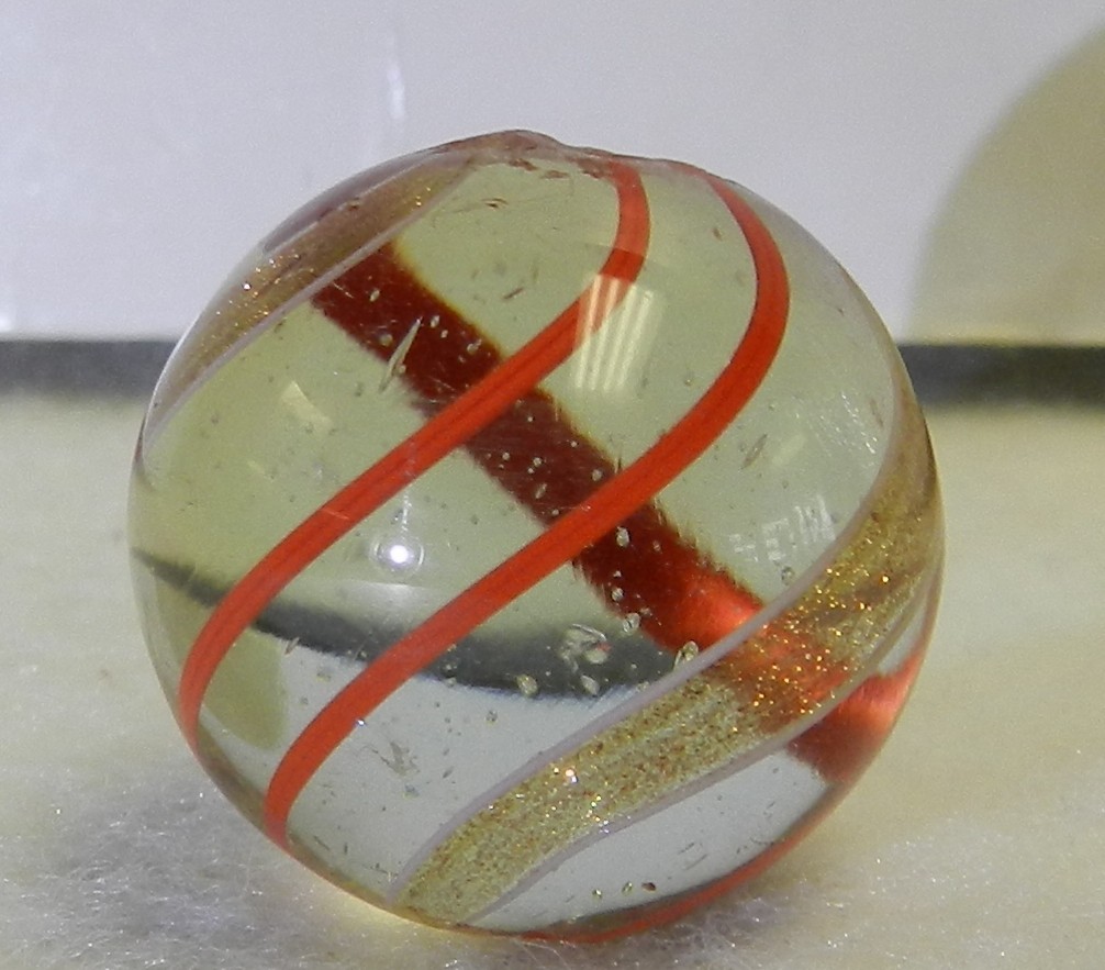 #19832m Large .87 Inches Vintage German Handmade Clear Glass Banded Lutz Marble