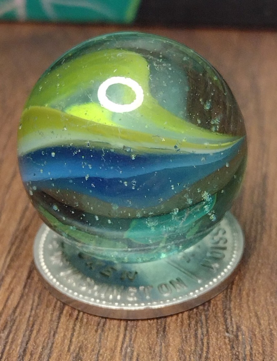 Blue Tri-Color NM .92″ LG Six Vane Ribbon Color Cateye Mystery Vintage Marbles