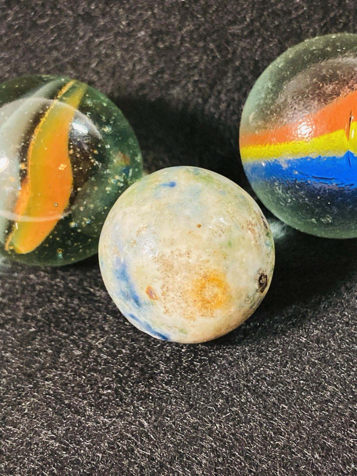 2 ANTIQUE VINTAGE BENNINGTON MARBLES FANCY MULTICOLORED 1800’s HANDMADE GLAZED
