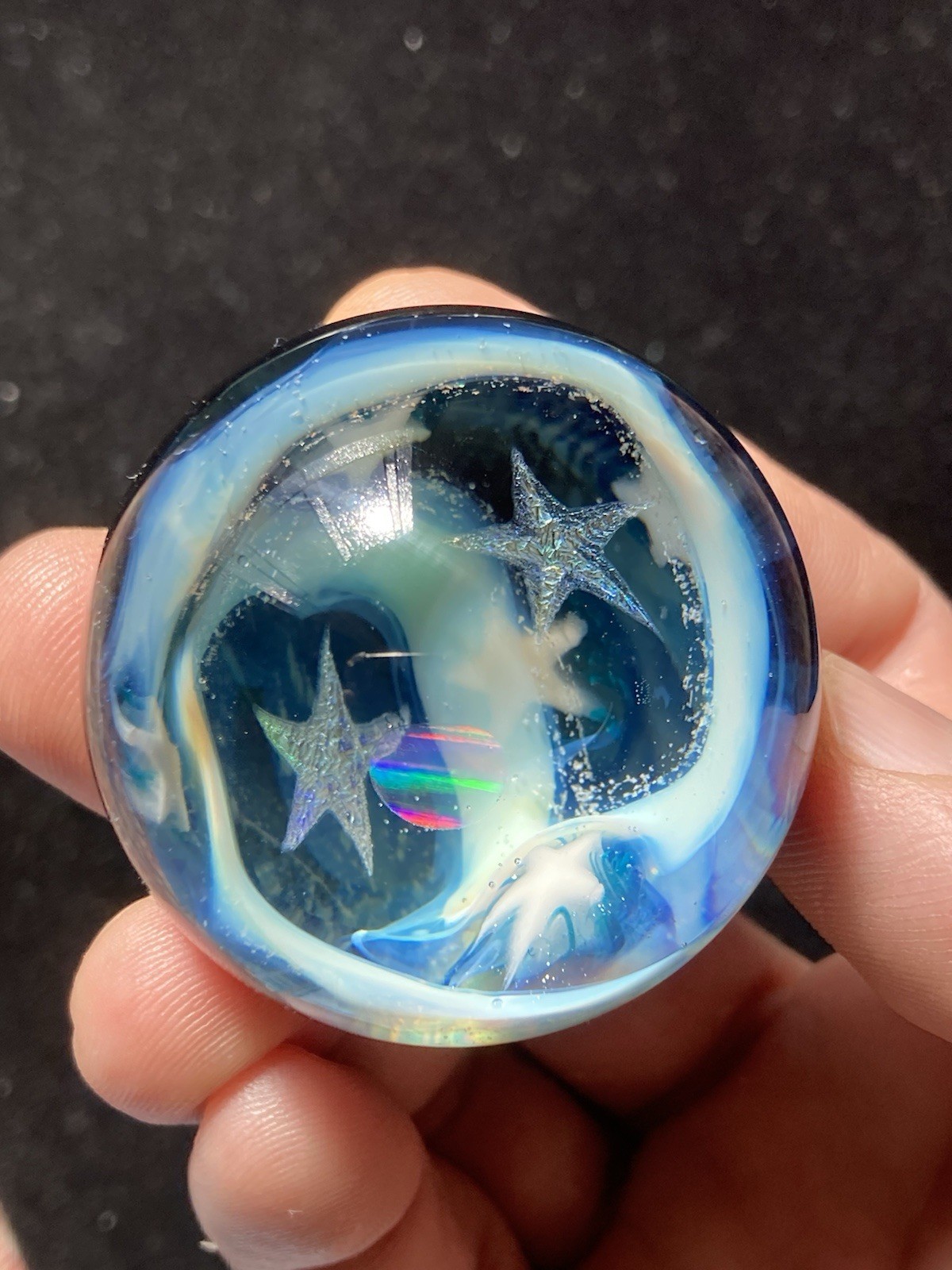 42mm Glass Boro Marble Deep Space Opal 24k Gold Fume swirl Sculpture Stars
