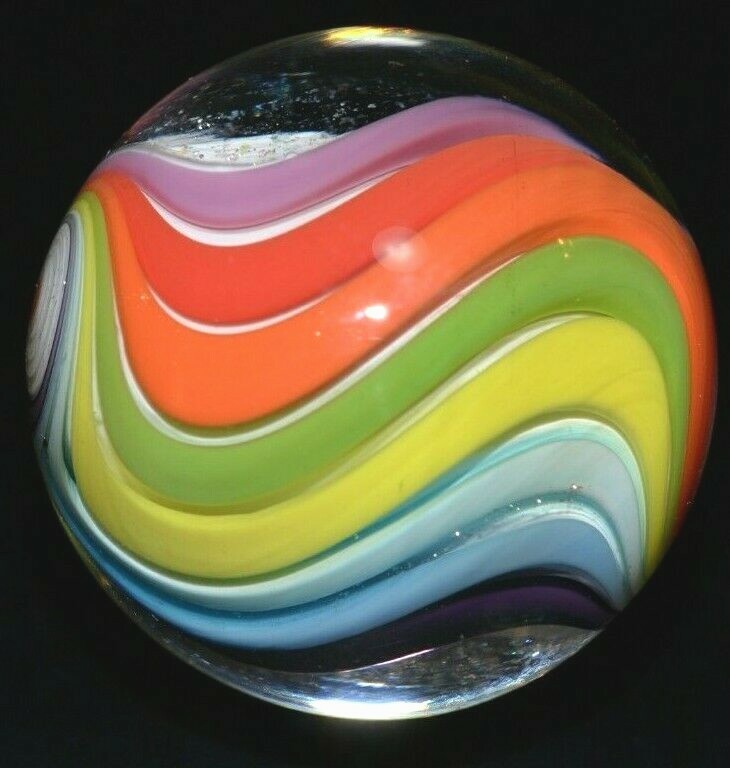 EDDIE SEESE GLASS MARBLE/1.767″-MULTI-COLORED WHITE LOBED DICHROIC DT-WAVY WHITE