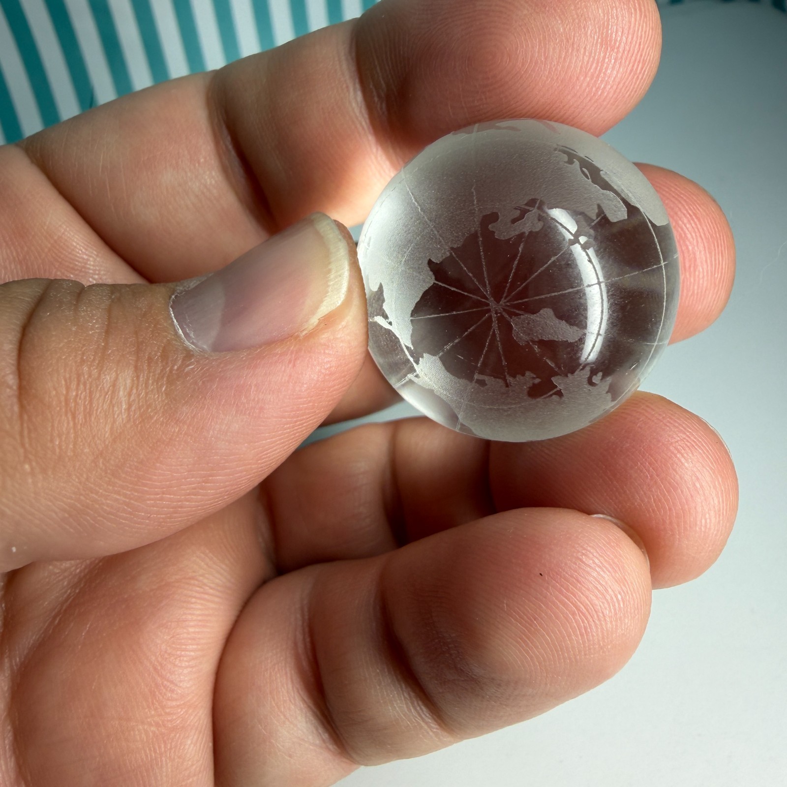 World Map Globe Crystal Sphere Etched Glass Marble 30mm (1.25″) Handmade + Stand