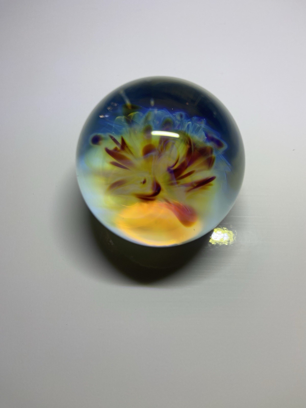 Handmade Art Glass Shooter Marble Sphere, Yellow Purple Swirl Flower Design