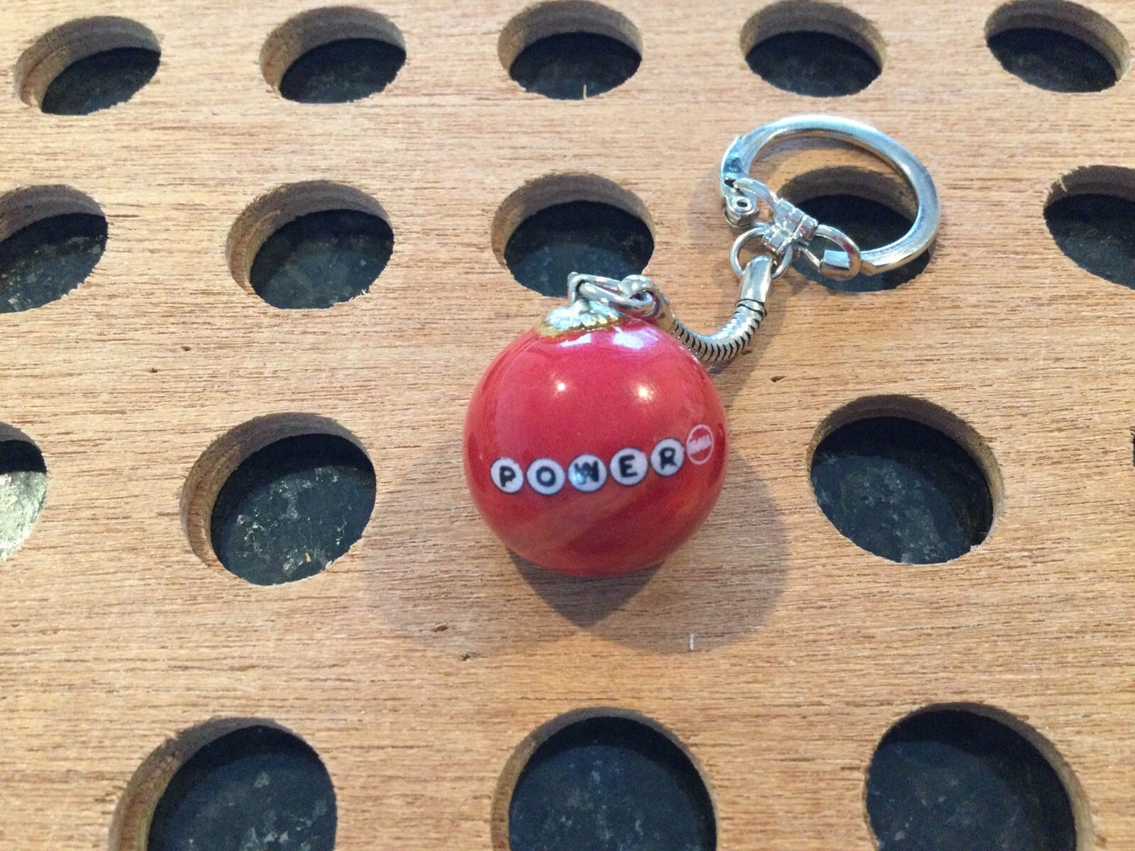 Vintage | “Powerball” | White and Black Print on Red | Marble Keychain
