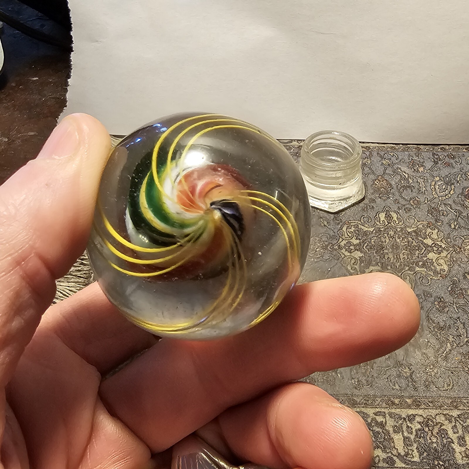 LARGE EARLY GERMAN CAGED SOLID CORE SWIRL MARBLE 2.04 CLEAN