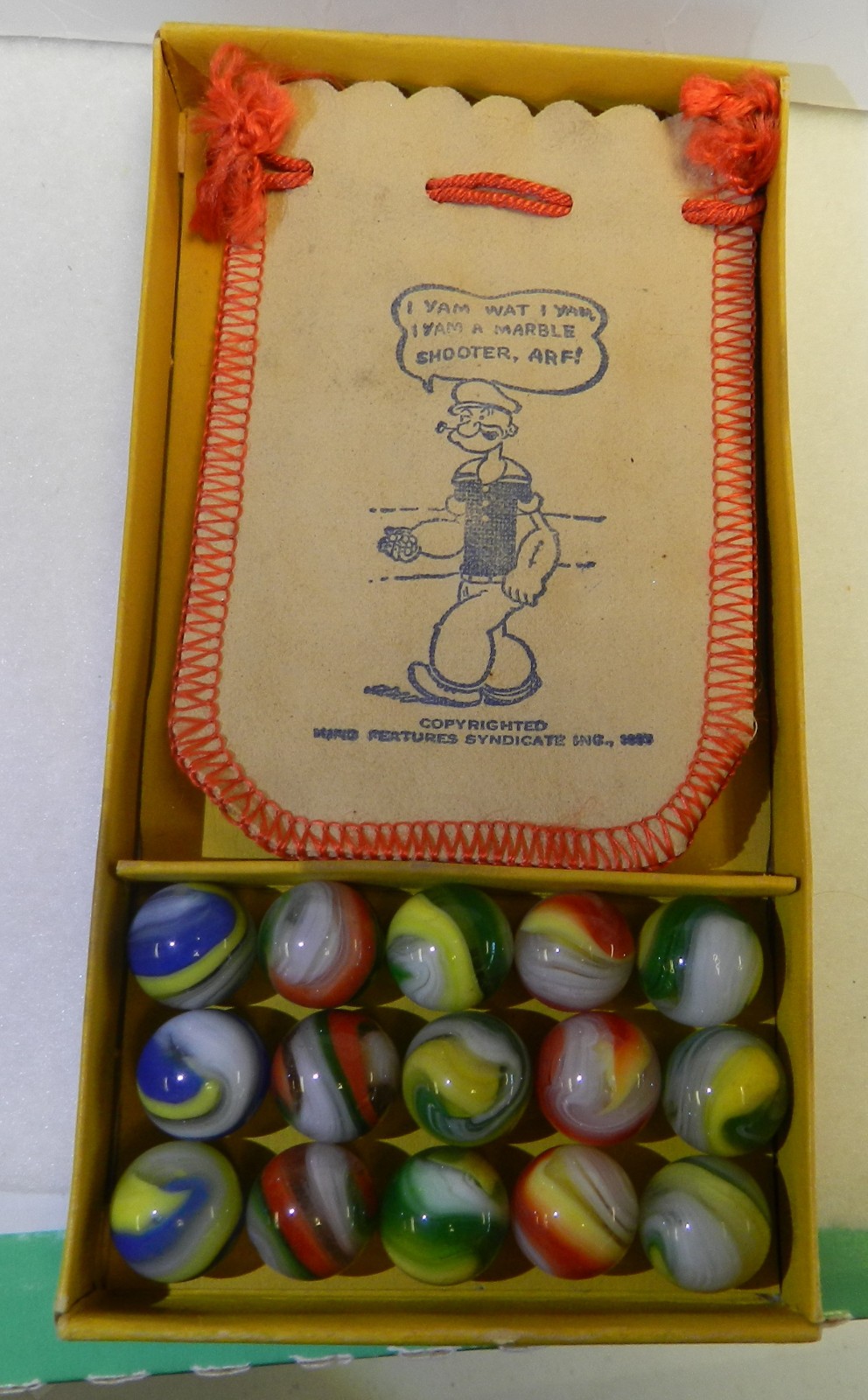 Original Vintage Akro Agate Popeye Box With Marbles and Bag