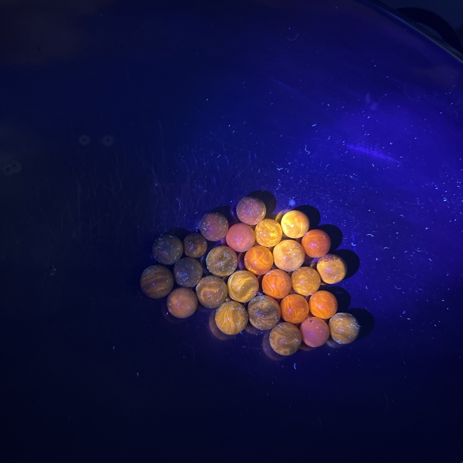 Lot Of yellow cadmium? glass marbles UV Responsive, Glow, Mixed Designs (lot6)