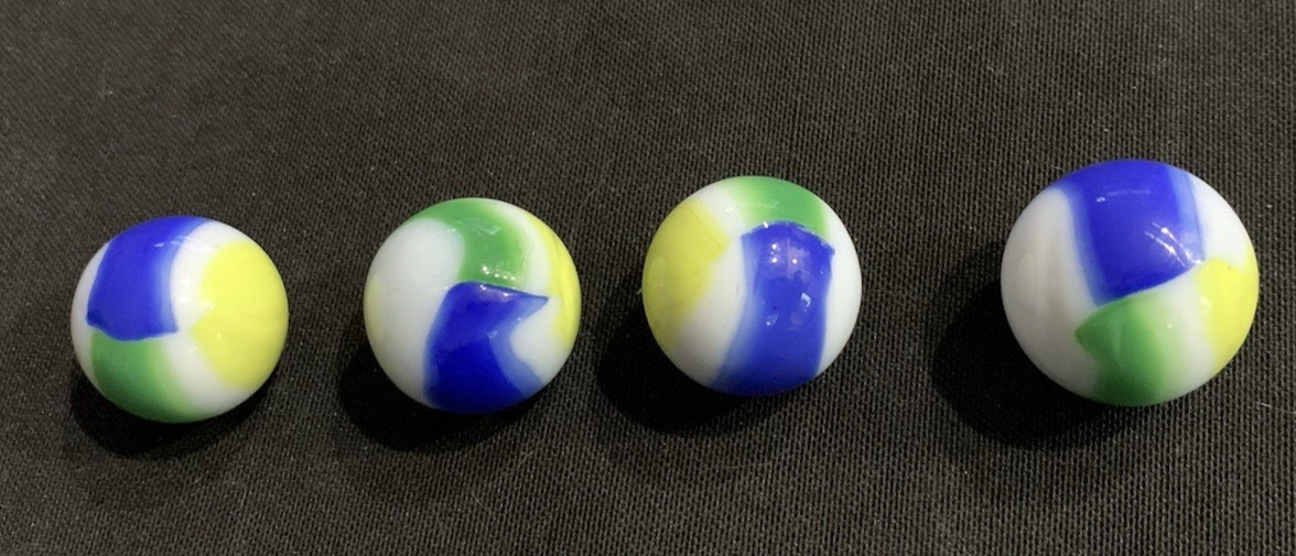 4 Vintage Marbles – Christensen, Peltier, Agate? Original Owner! .71 -.76 sizes