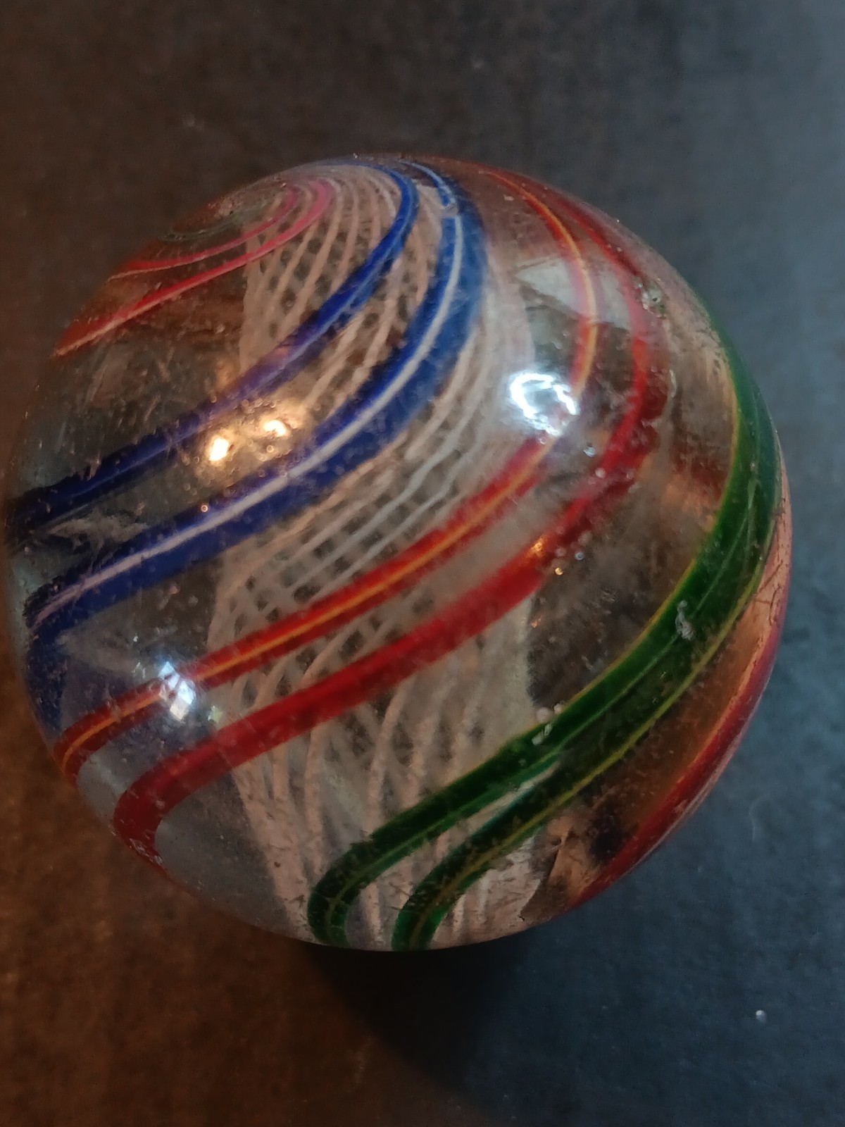 Handmade swirl Latticinio core Marble Vintage german Red Blue Green 1.84 inch