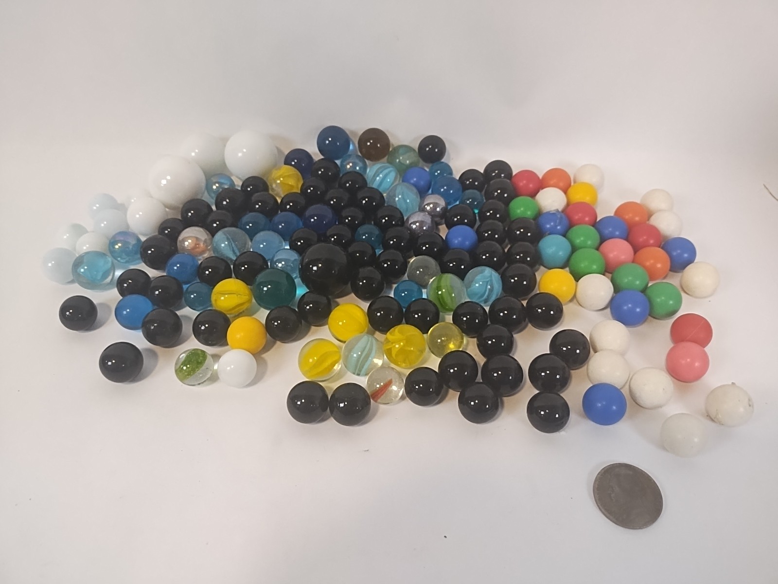 Vtg Huge Lot Of Glass And Other Marbles Various Sizes Black, White, Swerled