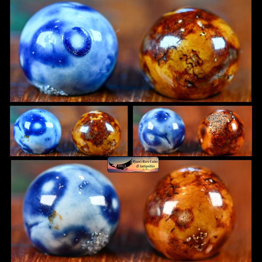 Pair of Blue & Brown Bennington Marbles, Handmade, 0.54 inch, Mint, Germ, S1651