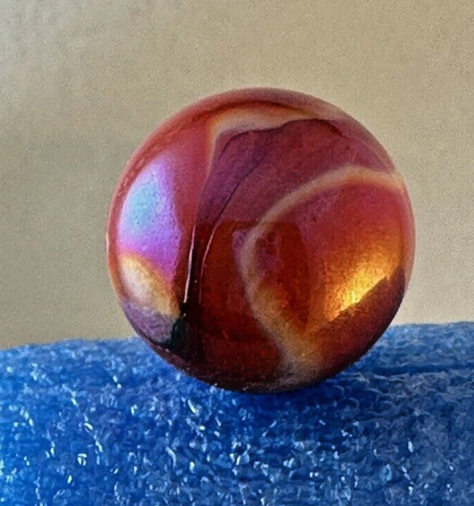 69/128 SHOOTER MARBLE SWIRLS OF RED, PURPLE & WHITE IRIDESCENT