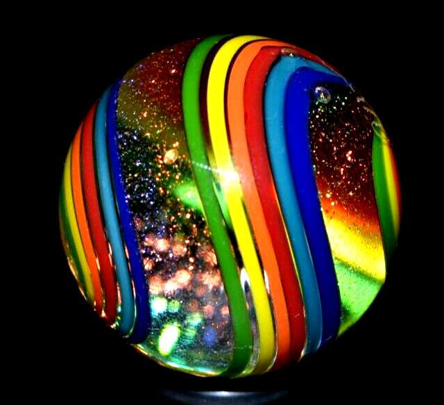 JAMES ALLOWAY GLASS MARBLE/1.236″-DICHROIC DOUBLE SWIRL #3560-LIME,YELLOW,ORANGE