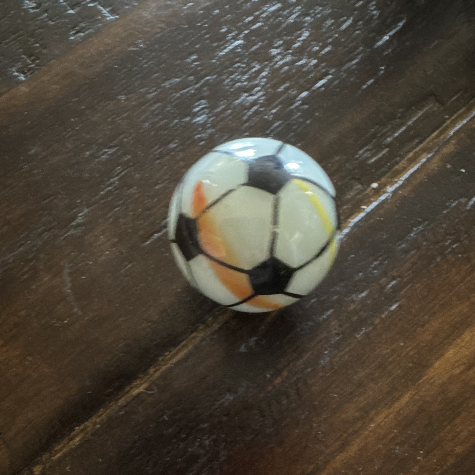 Hand-Painted Soccer Ball Marble Shooter– 24.9mm– White Base with Colored Ribbons