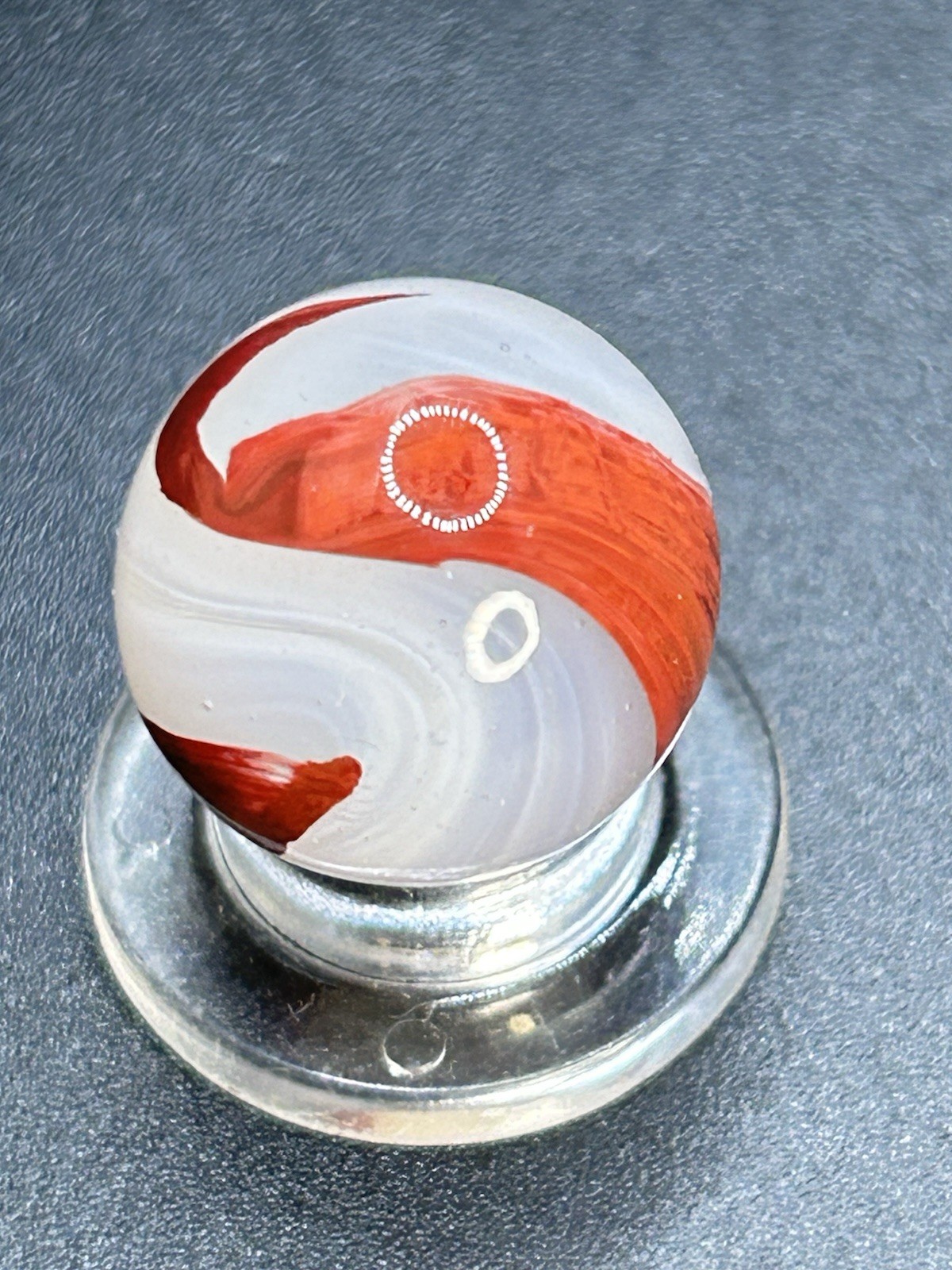 Vintage Akro Agate Silver Oxblood Marble Thick Oxblood Snake Pattern 0.591”