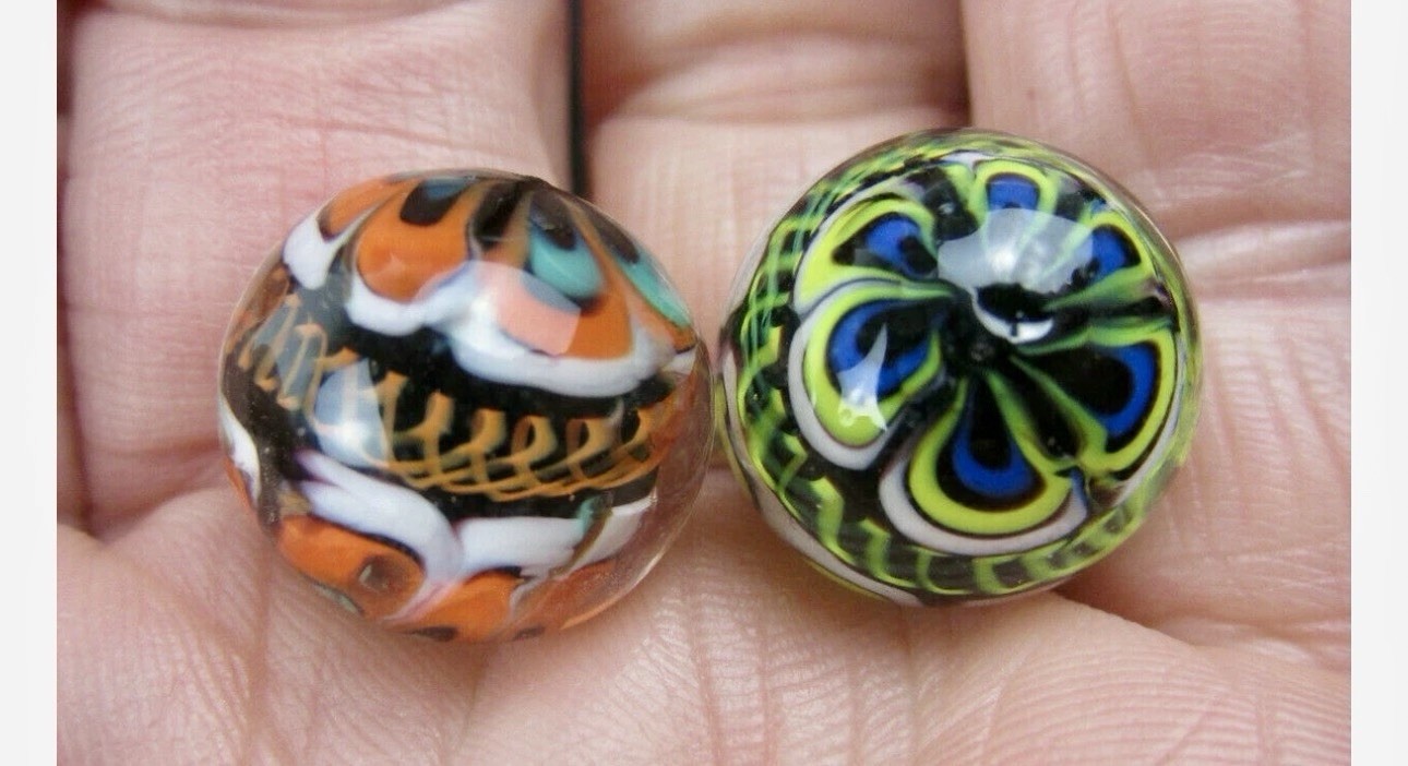 2 RINKY-DINK 16mm Handmade Art Glass Orange Blue Green Lattice Design Marbles