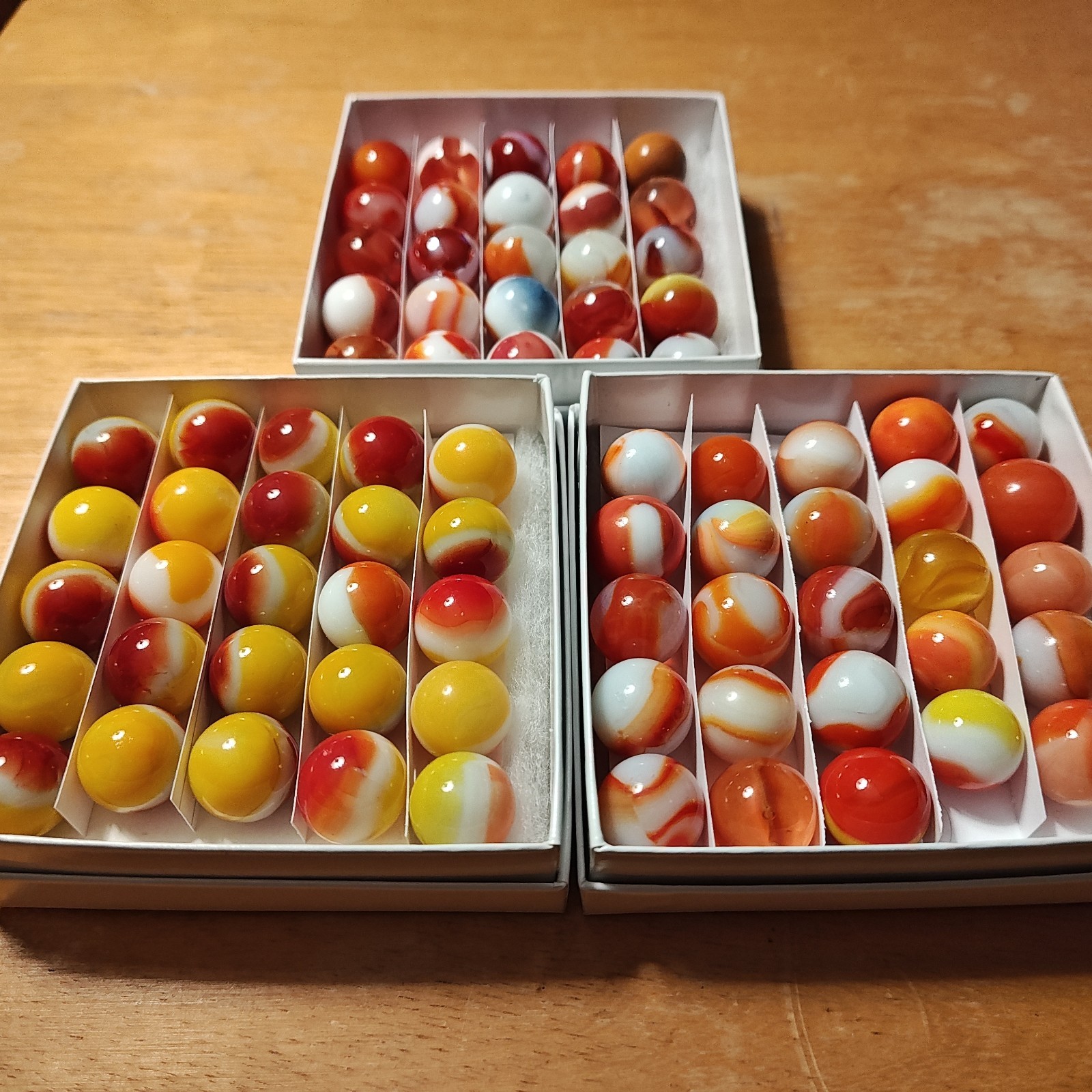 75 Vintage Swirl Glass Marbles 5/8″ – Orange, Yellow and White – W/ Boxes