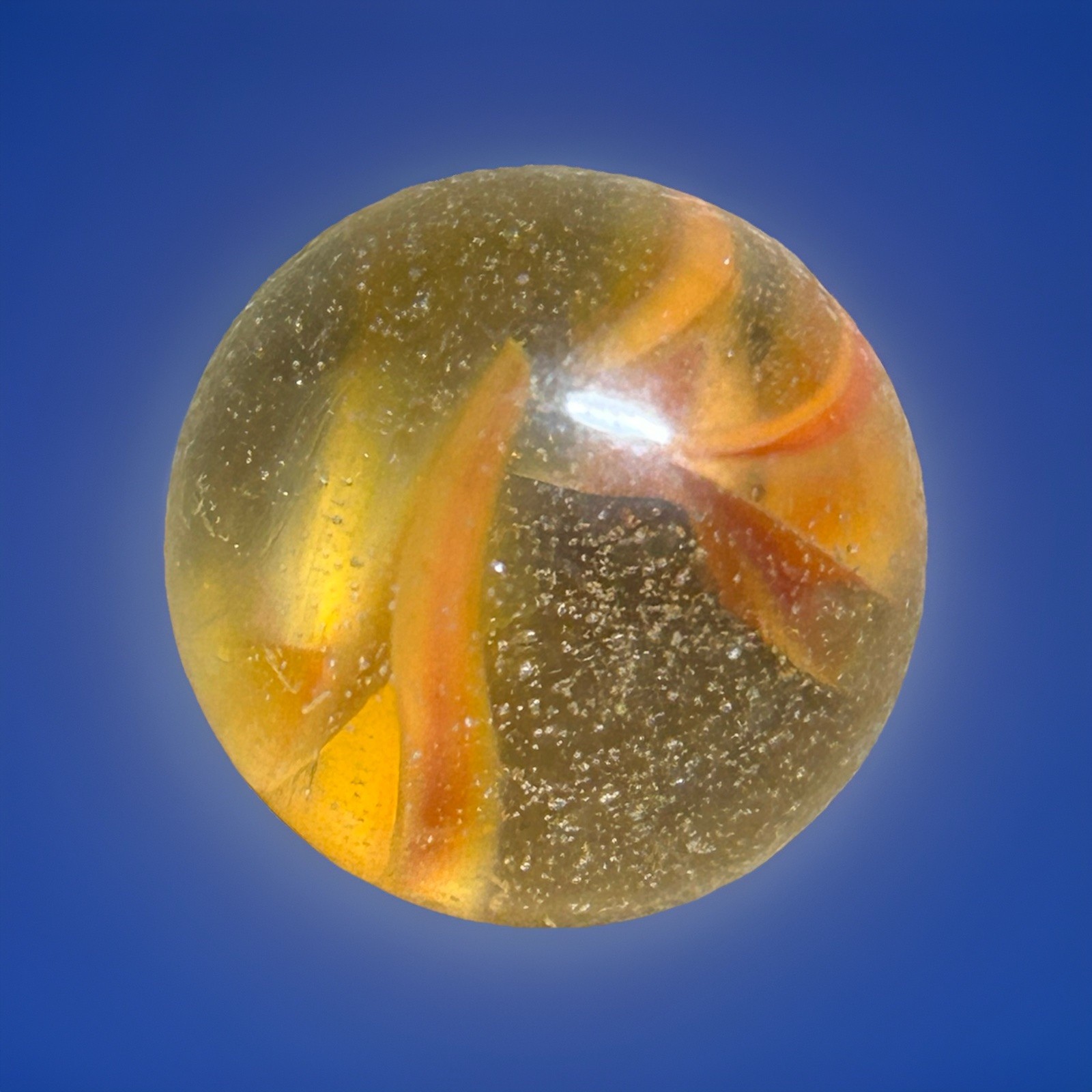 Vintage Peltier NLR Marble 13/16 Clear Base Flame Swirl-Orange And Yellow Ribbon