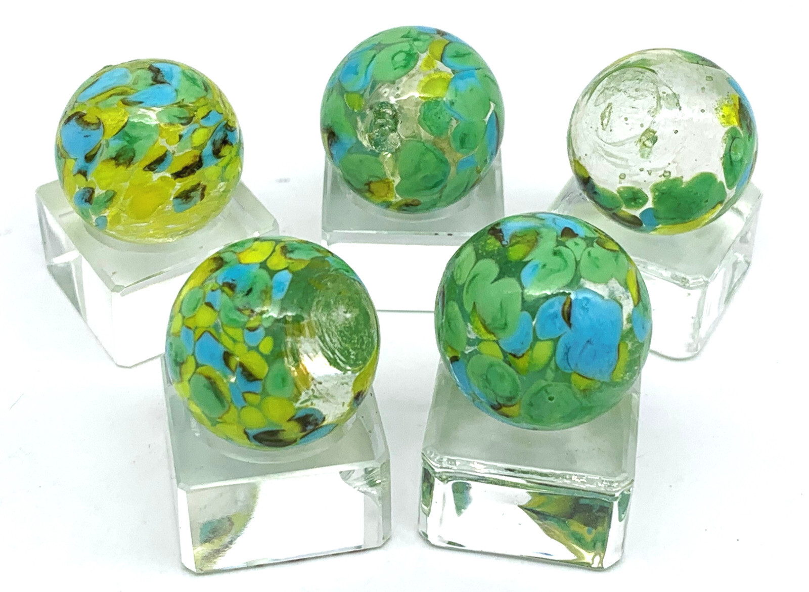 20mm Frog Spawn Shooter Glass Marbles Pk 5 (3/4″) Clear w Lt Blue Green Yellow