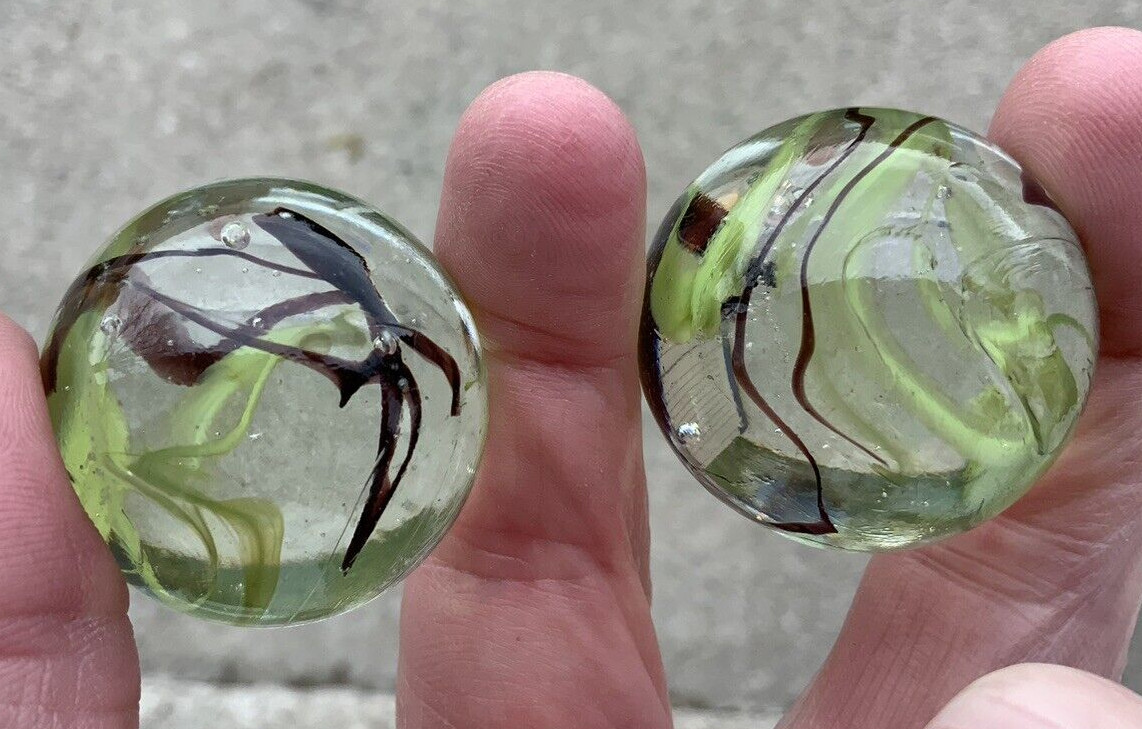 2 BOULDERS 35mm COMMANDO Marbles Wire Pull Confetti Green/Brown Glass LARGE HUGE