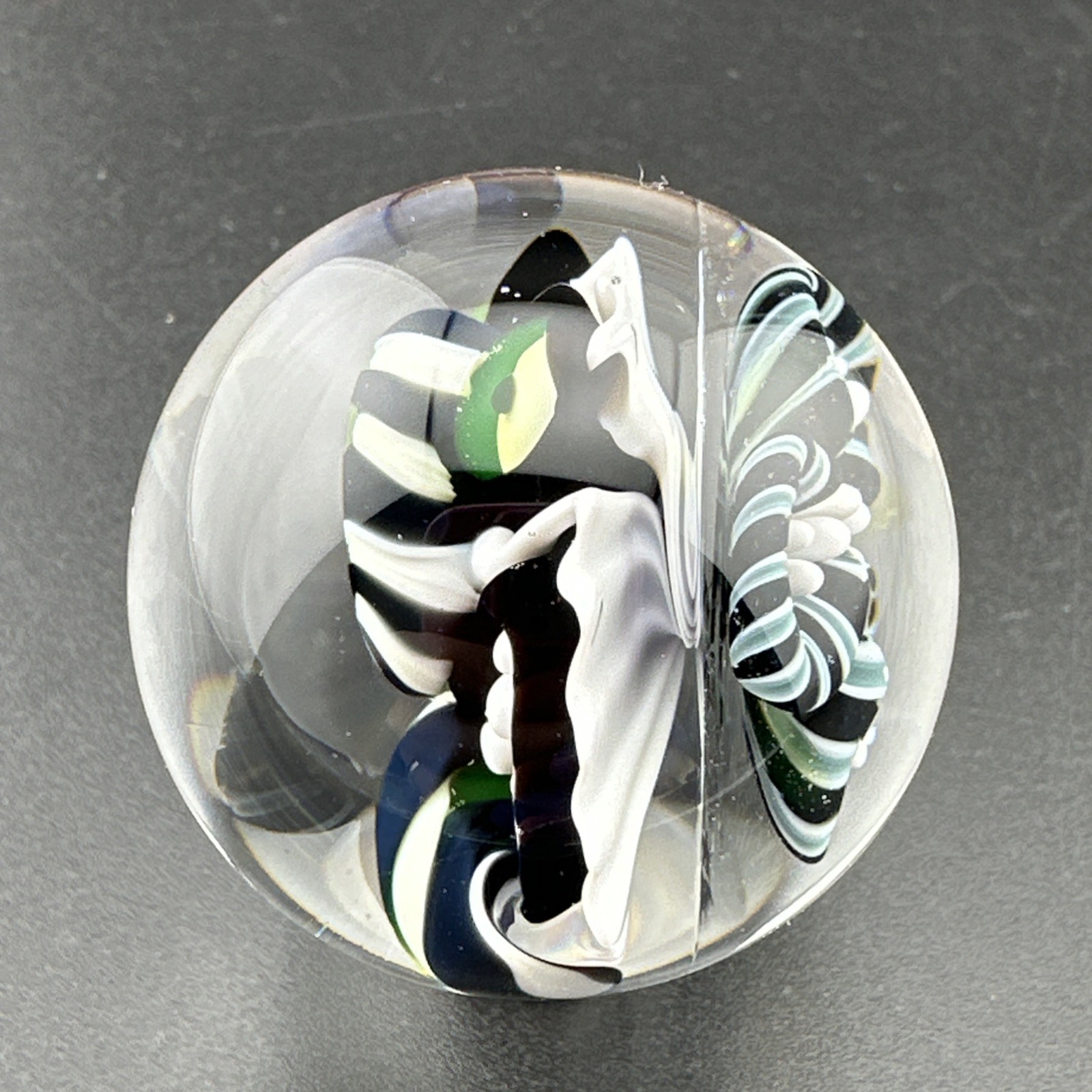 Contemporary Handmade Art Glass Marble 1.36″ Black White Monster, Flower, + UV!