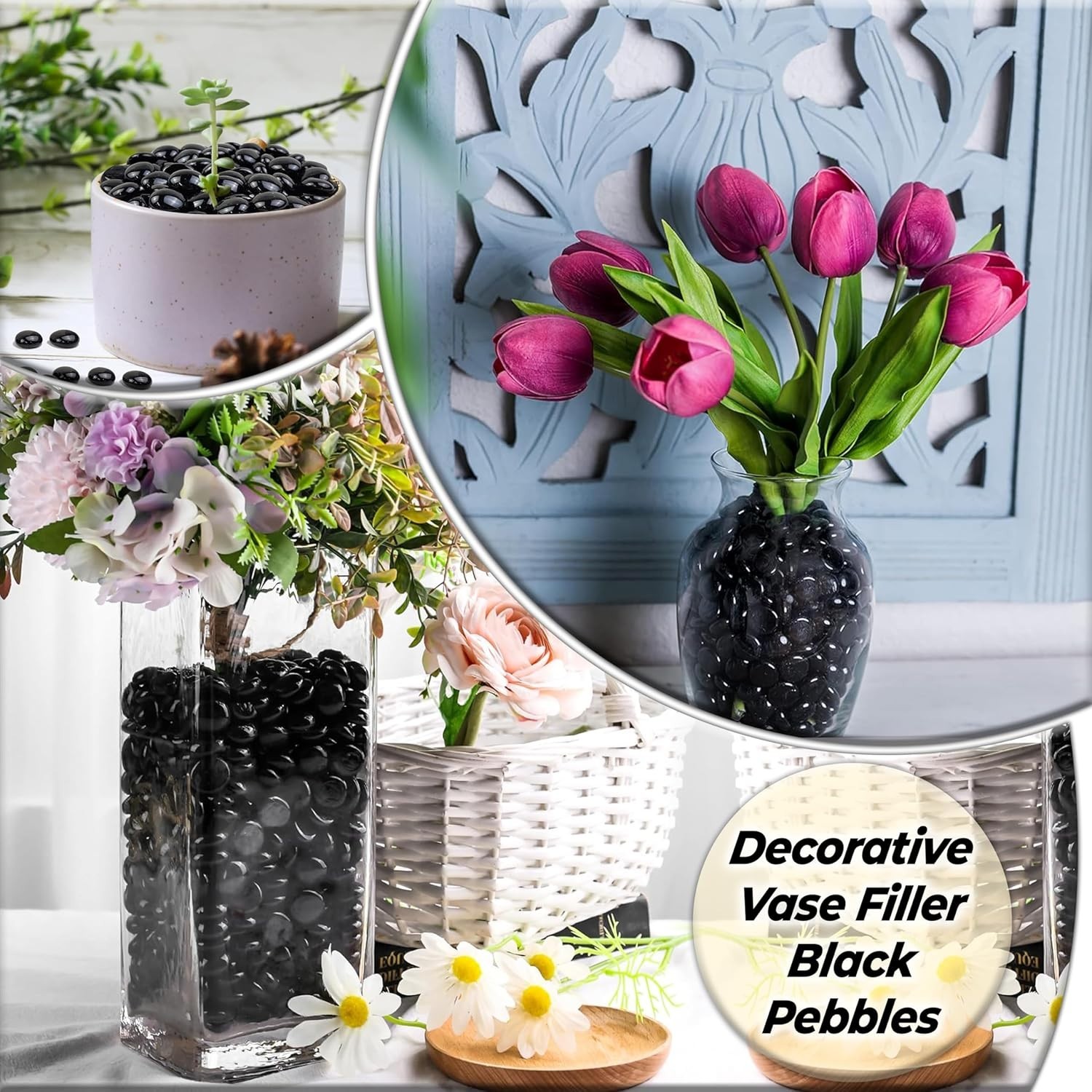 Multipurpose 100 Piece Black Flat Glass Marbles – Table Scatter & Vase Filler