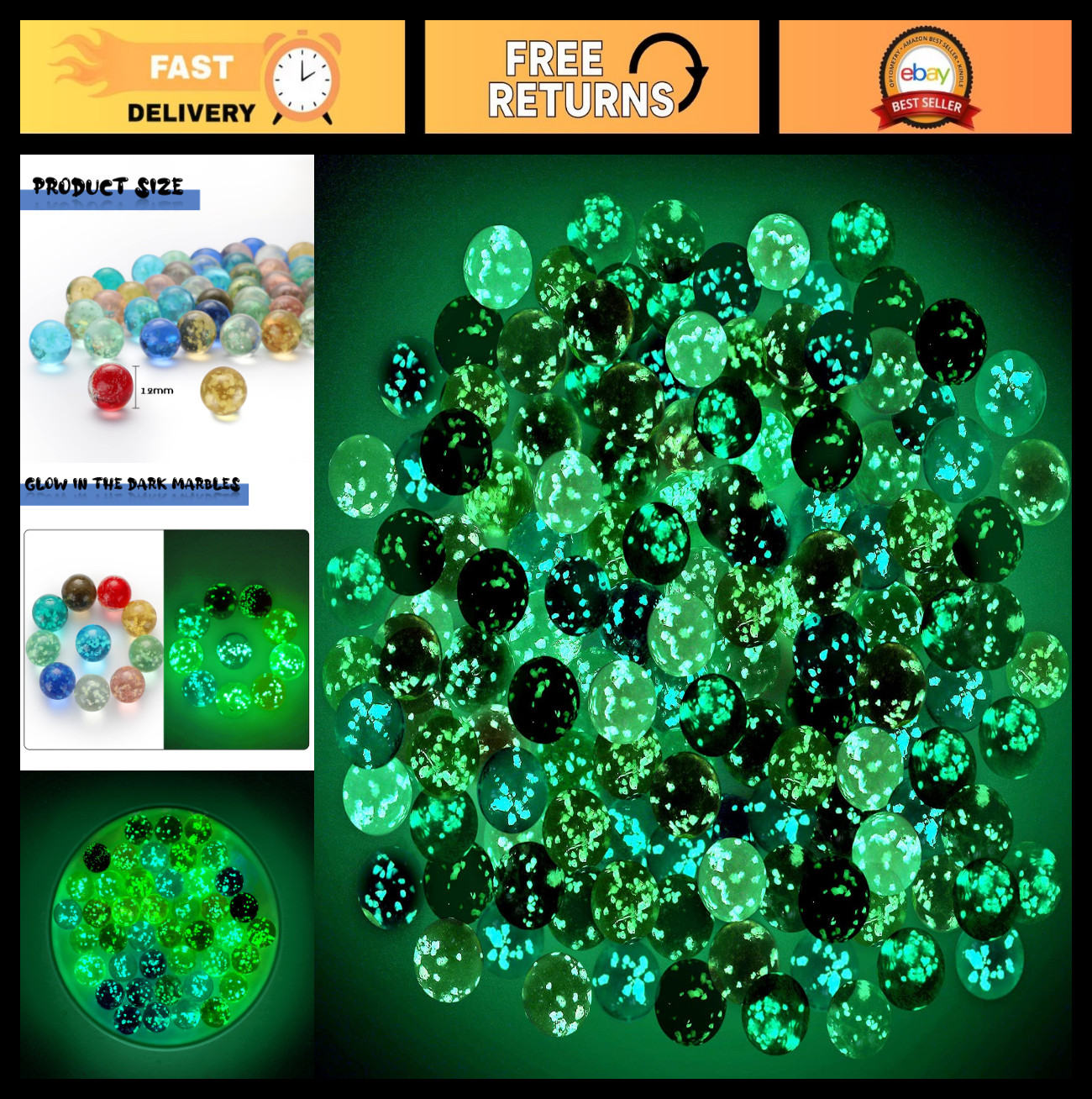 100 Colorful Glow in the Dark Glass Marbles – Luminous Multi-Color for Games & D