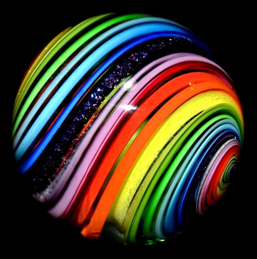 EDDIE SEESE GLASS MARBLE/1.783″-DICHROIC RAINBOW JOSEPH’S COAT-AVOCADO,LILAC,RED