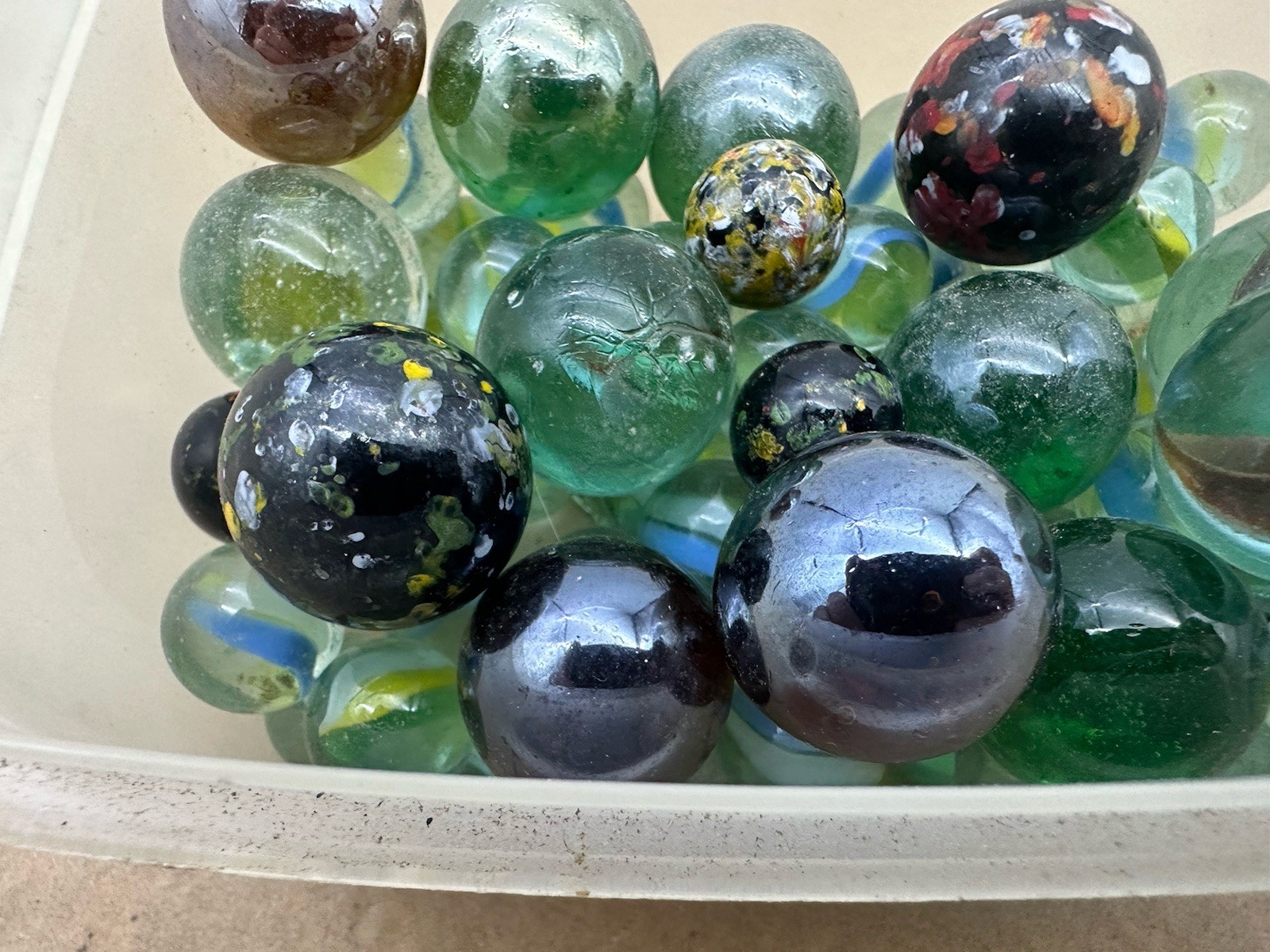 Vintage Confetti Swirl Speckled Silver Clear Glass Marbles Mixed Lot