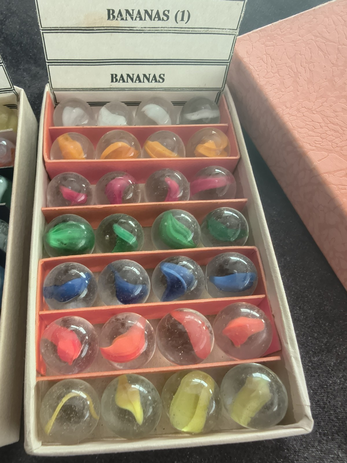 Two Rare Original Peltier Glass Co. Jobber Box Sets Rainbo And Banana Marbles