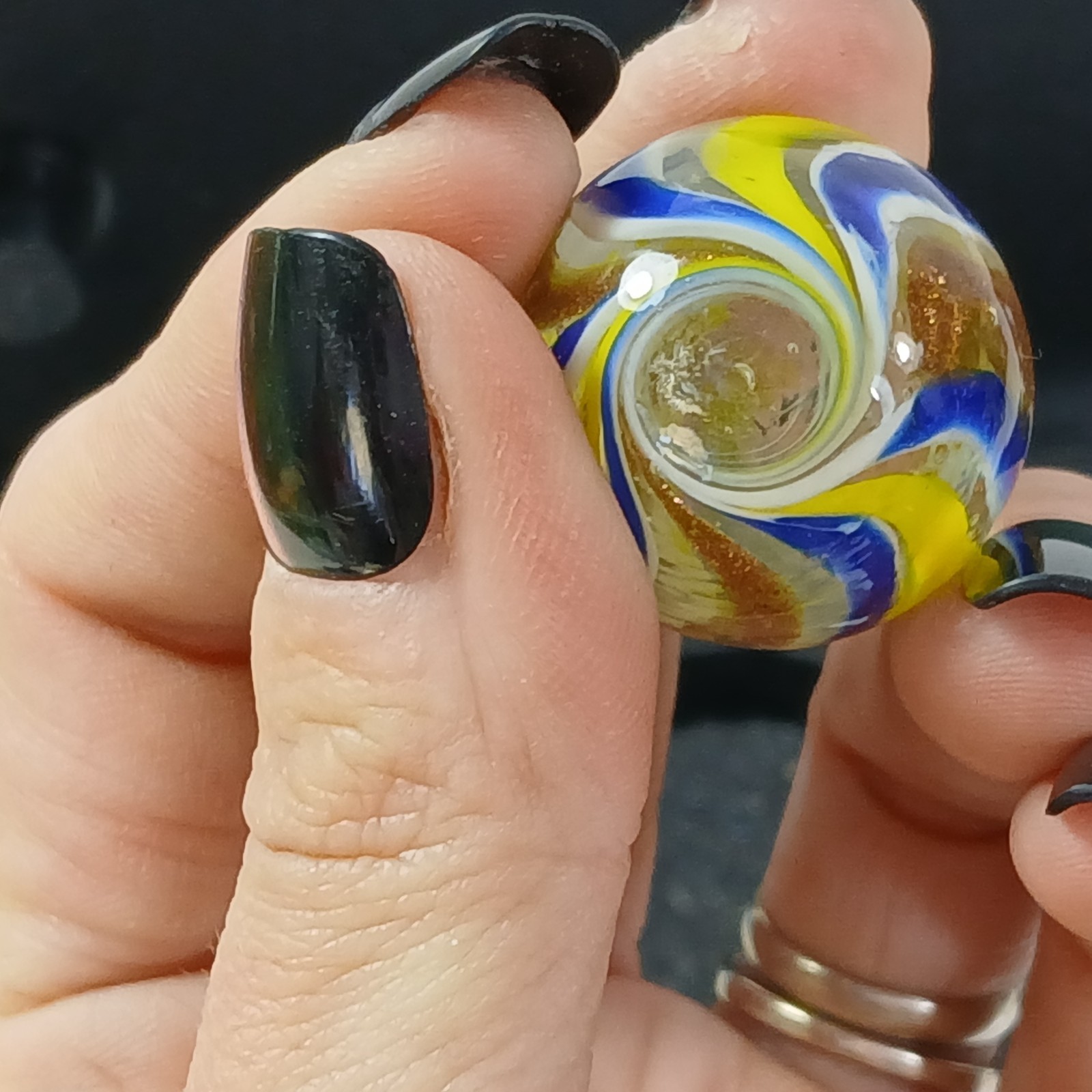 Blue Yellow White Gold banded swirl 1″ Shooter Hot House? Glass Marble Lampwork