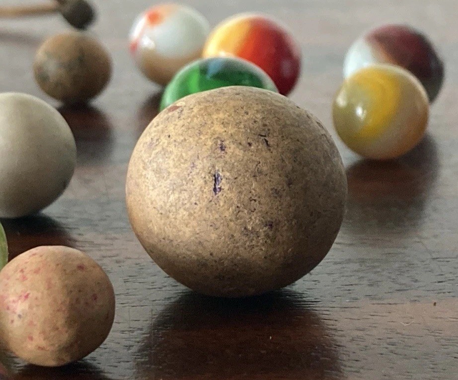 Antique Leather Pouch With Very Old Marbles—40 Total
