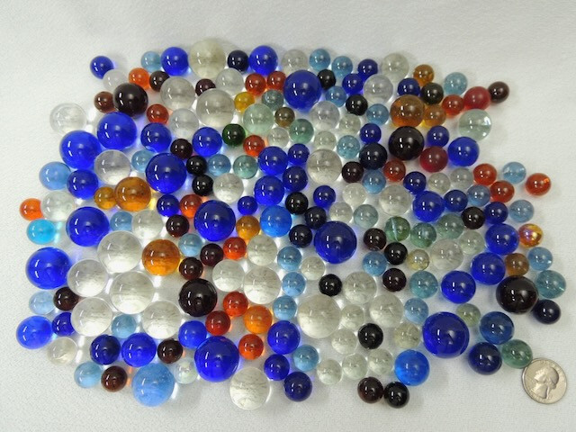 203 Vintage Clear Cobalt & Mixed Color Marbles Good Condition 0.555 to 0.980″